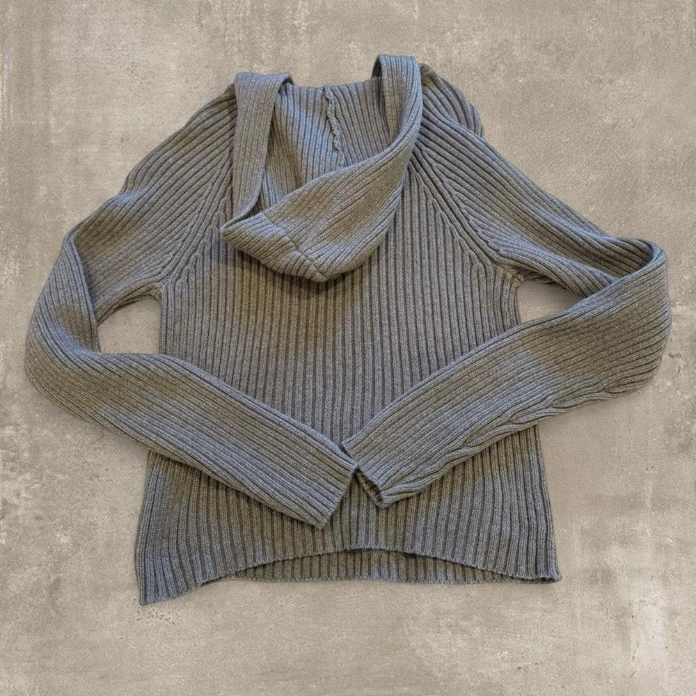 Y2K Vintage Q&A Grey Ribbed Knit Hoodie Sweater - Picture 3 of 5